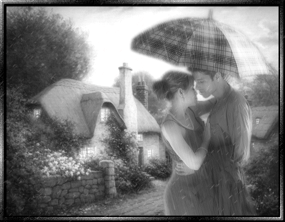 Couple d'amoureux sous la pluie.